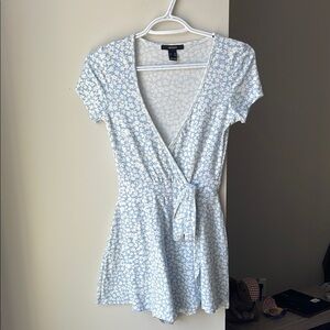Floral Wrap Romper in Blue and White